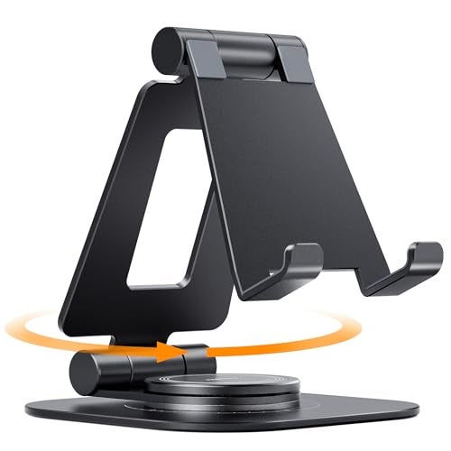Nulaxy 360 Rotating Cell Phone Stand, Fully Adjustable Foldable Desktop Phone Holder Cradle Dock, Thick Case Friendly, Compatible with All Phones, Nintendo Switch, Black - Image 1
