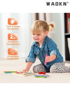 WAOKN Wooden Letter Number Construction Puzzle Educational Stacking Blocks Toy Set Shape Color Sorter Pegboard Activity Board Sort Game for Kids Gift Preschool Learning STEM Toy  - Image 5