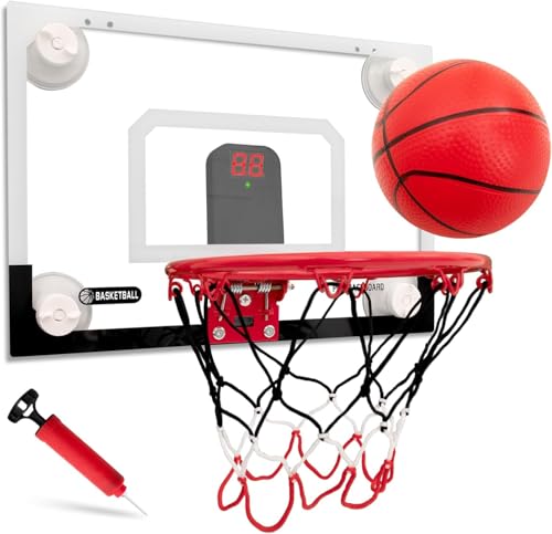 BOHEN Indoor Mini Basketball Hoops with Powerful Suction Cup Stick to Windows Wooden Doors Smooth Walls Basketball Backboard Toy Indoor Bedroom Office for Kids Teens Adults Clear with Scorer - Image 1