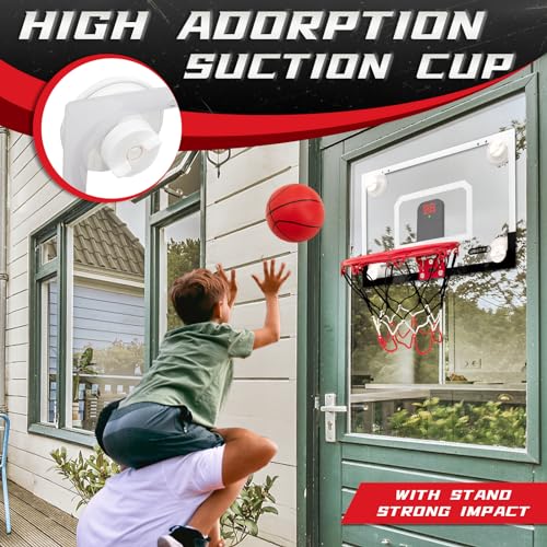BOHEN Indoor Mini Basketball Hoops with Powerful Suction Cup Stick to Windows Wooden Doors Smooth Walls Basketball Backboard Toy Indoor Bedroom Office for Kids Teens Adults Clear with Scorer - Image 3