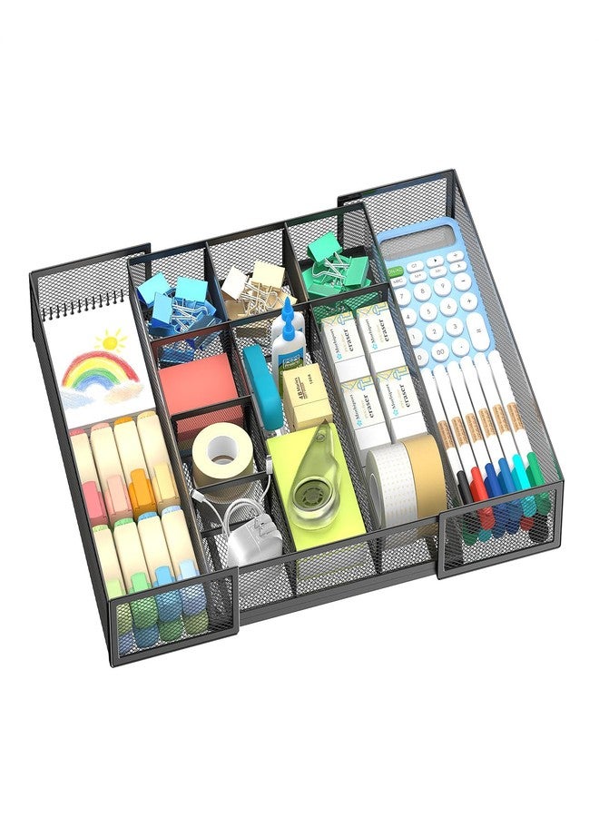 ReePlan Expandable Desk Drawer Organizer Tray with 10 Adjustable Compartments, Metal Mesh Office Drawer Organizer, Versatile Desk Organizer for Home, School Supplies, Makeup Vanity & Jewelry (Black) - Image 1
