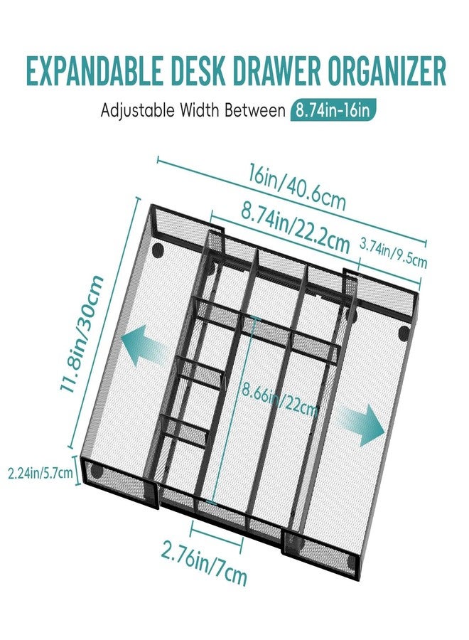 ReePlan Expandable Desk Drawer Organizer Tray with 10 Adjustable Compartments, Metal Mesh Office Drawer Organizer, Versatile Desk Organizer for Home, School Supplies, Makeup Vanity & Jewelry (Black) - Image 2
