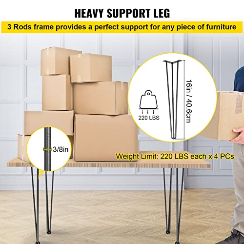 VEVOR Hairpin Table Legs 16" Black Set of 4 Desk Legs 880lbs Total Load Capacity Hairpin Desk Legs 3 Rods for Bench Desk Dining End Table Chairs Carbon Steel DIY Heavy Duty Furniture Legs - Image 3