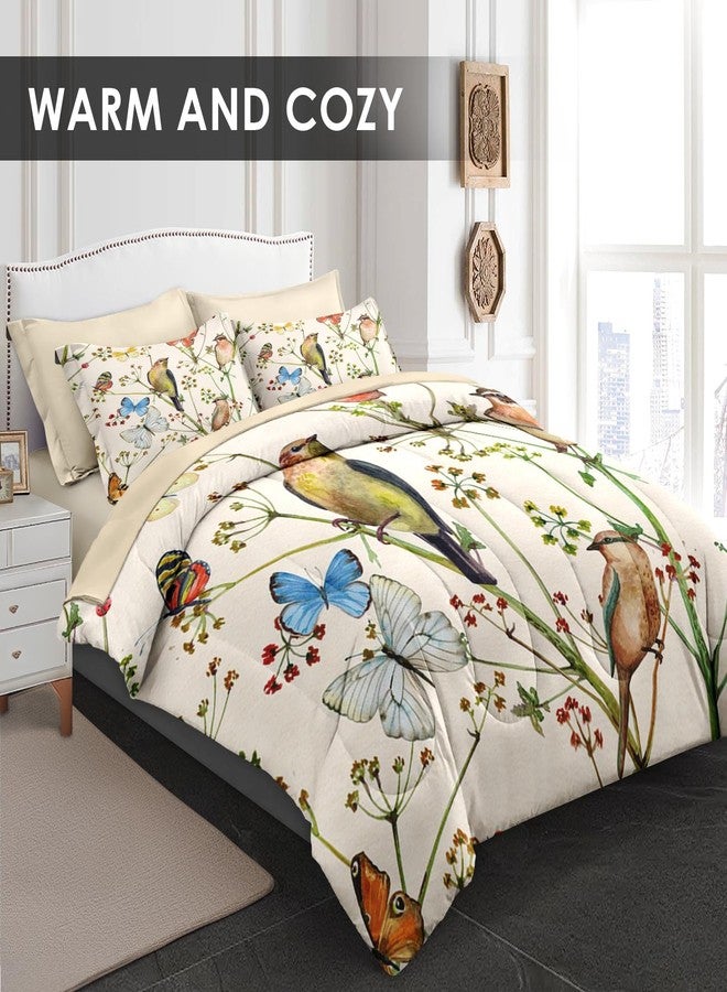 Pamnest Comforter Set Twin Size, Vintage Birds Butterfly Colorful 5 Pcs Bedding for Kids and Adults, Floral Spring Beige Bed Sheet Sets with Fitted Sheet Pillowcase & Sham for Bedroom Bed Decor - Image 2
