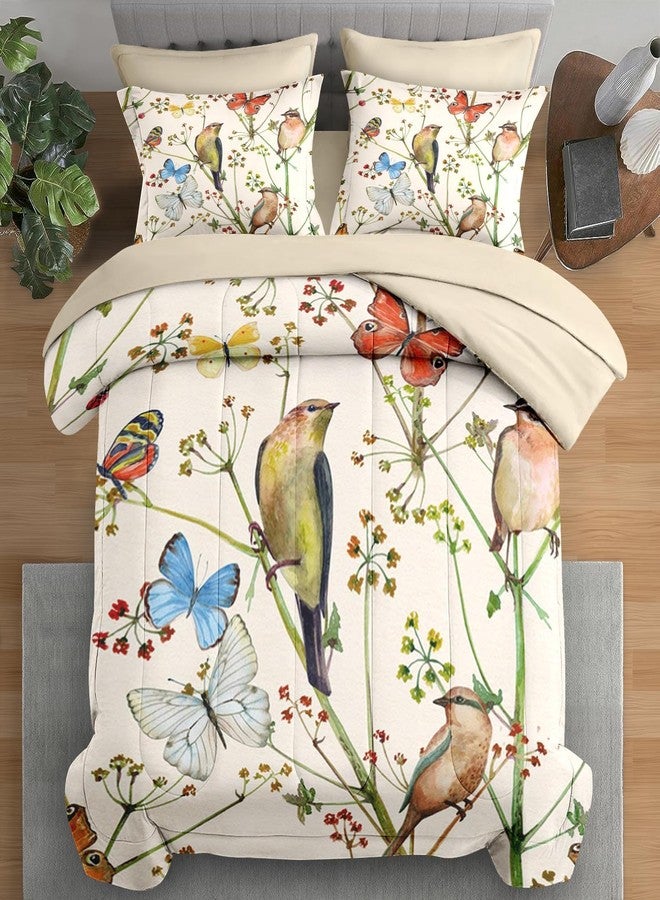 Pamnest Comforter Set Twin Size, Vintage Birds Butterfly Colorful 5 Pcs Bedding for Kids and Adults, Floral Spring Beige Bed Sheet Sets with Fitted Sheet Pillowcase & Sham for Bedroom Bed Decor - Image 1