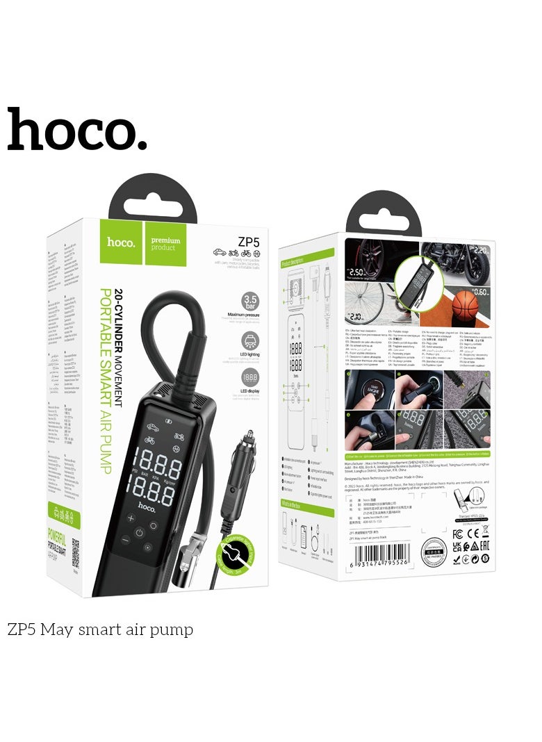 Hoco - ZP5 May Smart Air Pump Portable, Multi-Function Inflator for Tires, Sports Equipment, and More - Black - Image 1