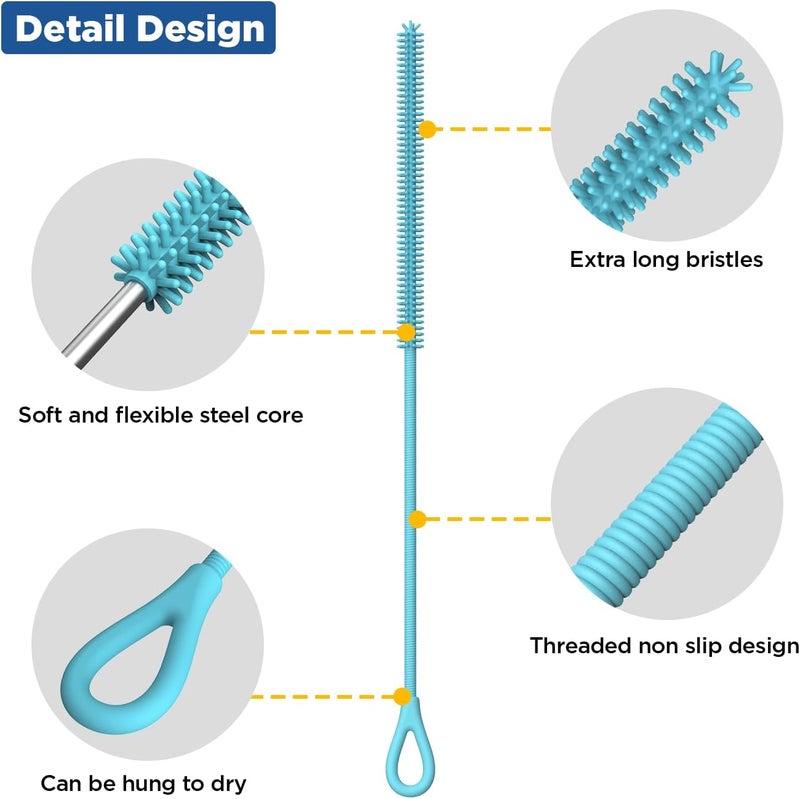 YOTIME Silicone Straw Cleaner Brush, 2Pcs Reusable Straw Brush Extra Long for Cleaning Tumbler with Handle and Glass Metal Smoothie Straws, Non-slip Handle Soft and Bendable, 6mm+9mm, Blue Cross part assemble fit - Image 3