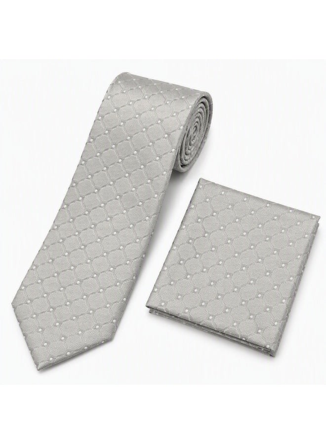 Men’s Silver Grey Geometric Necktie with Matching Pocket Square – 2-Piece Formal Set - Image 2