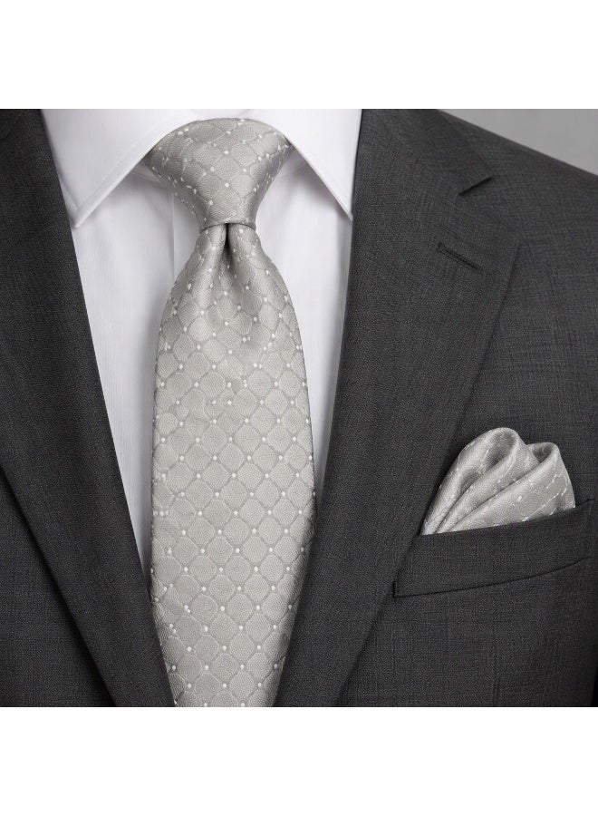 Men’s Silver Grey Geometric Necktie with Matching Pocket Square – 2-Piece Formal Set - Image 4