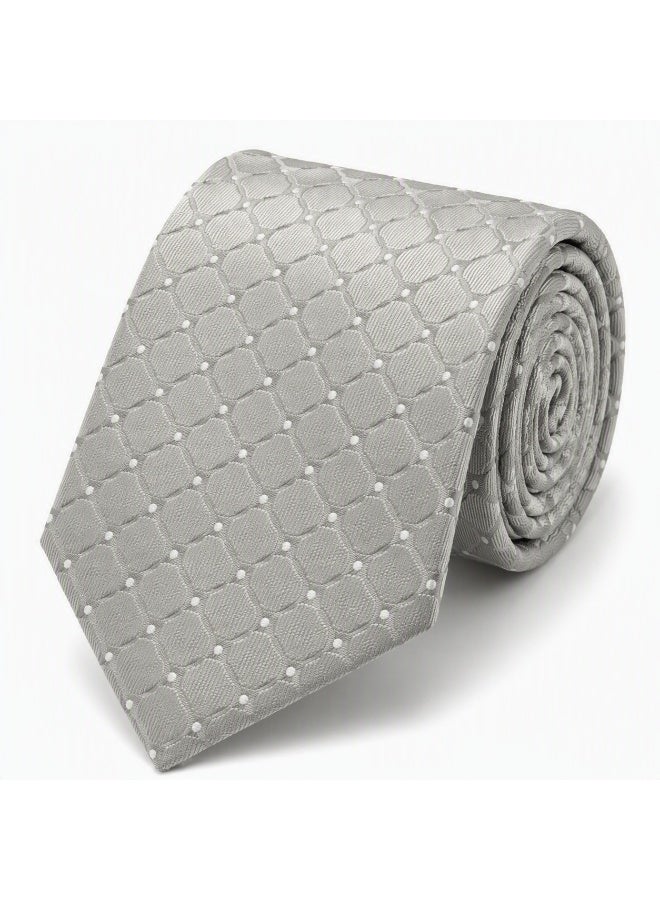 Men’s Silver Grey Geometric Necktie with Matching Pocket Square – 2-Piece Formal Set - Image 1
