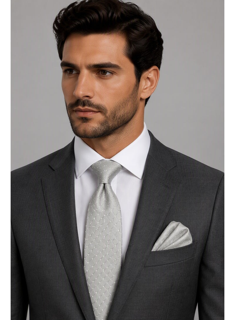 Men’s Silver Grey Geometric Necktie with Matching Pocket Square – 2-Piece Formal Set - Image 5