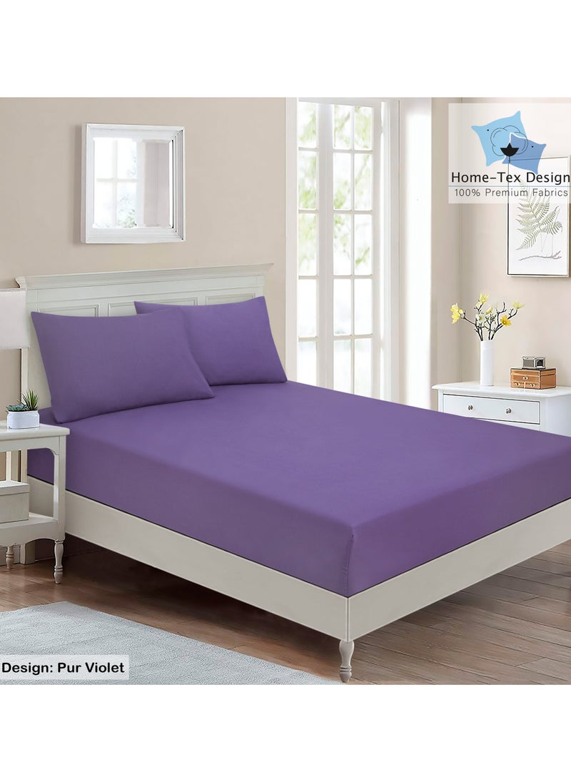 Home-Tex Design Hometex Design Premium 100% Long Stable Cotton Fitted Bed Sheet Set King Size 1 Fitted Sheet 180x200 cm and 2 Pillow Covers 50x80 cm with All Around Elastic Pur Violet 