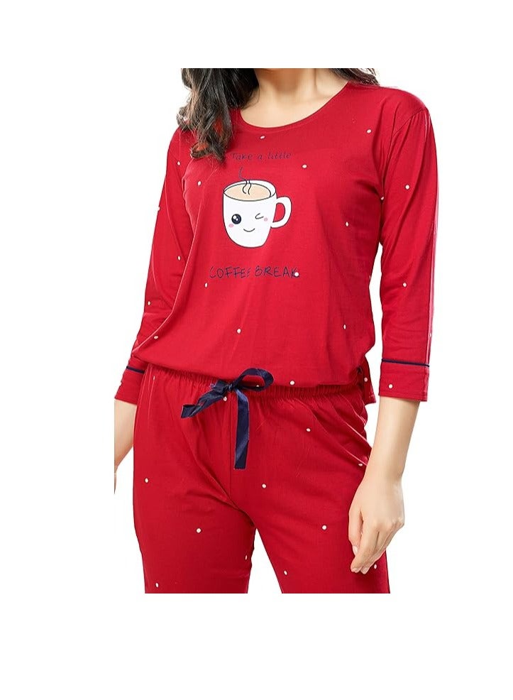 Accessorize Kingdom Women's Cotton Dot Printed Night Suit Set of Top & Pajama Set  - Image 2