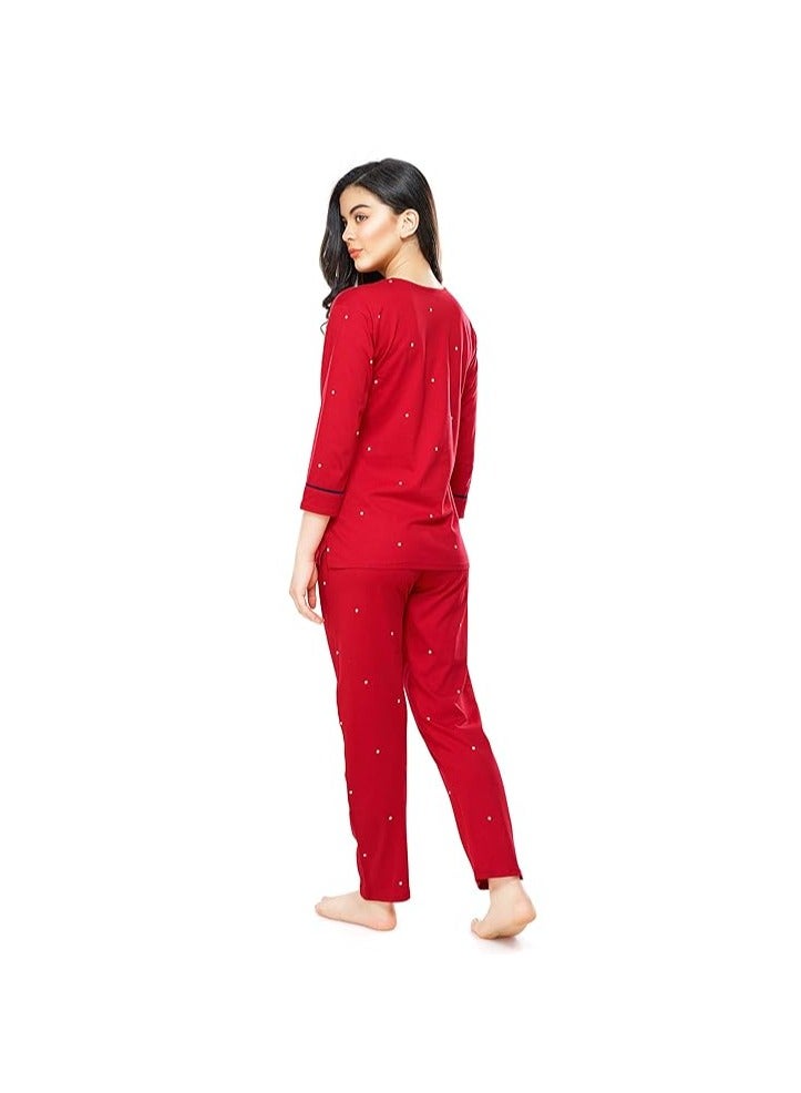 Accessorize Kingdom Women's Cotton Dot Printed Night Suit Set of Top & Pajama Set  - Image 3
