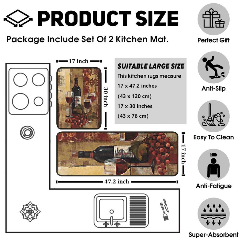 OUXIOAZ Wine Kitchen Rugs and Mats [2 PCS], Non Skid Washable Absorbent Microfiber Kitchen Mat for Doormat Bathroom Runner Set (17"x47"+17"x30", Wine) - Image 5