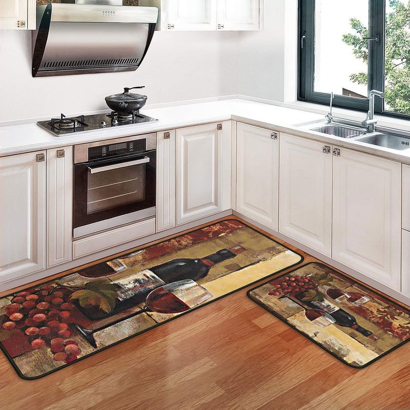 OUXIOAZ Wine Kitchen Rugs and Mats [2 PCS], Non Skid Washable Absorbent Microfiber Kitchen Mat for Doormat Bathroom Runner Set (17"x47"+17"x30", Wine) - Image 1