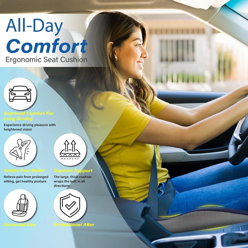 Allaboutsla Ergonomic Memory Foam Car Seat Cushion for Sciatica Pain Relief - Blue & Gray - Image 3