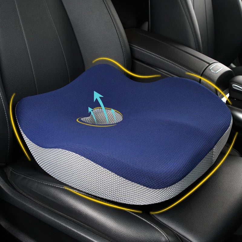 Allaboutsla Ergonomic Memory Foam Car Seat Cushion for Sciatica Pain Relief - Blue & Gray - Image 1