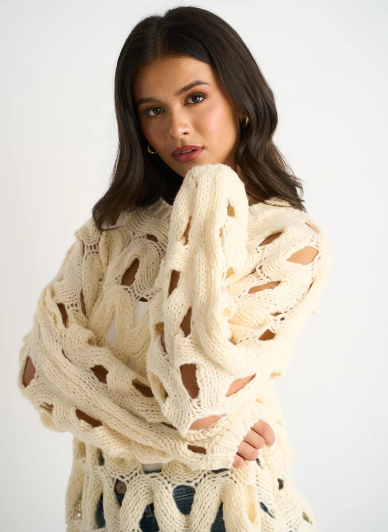 Gini London  Butter Cream Hollow Chunky Knit Jumper for Women | Best Price UAE