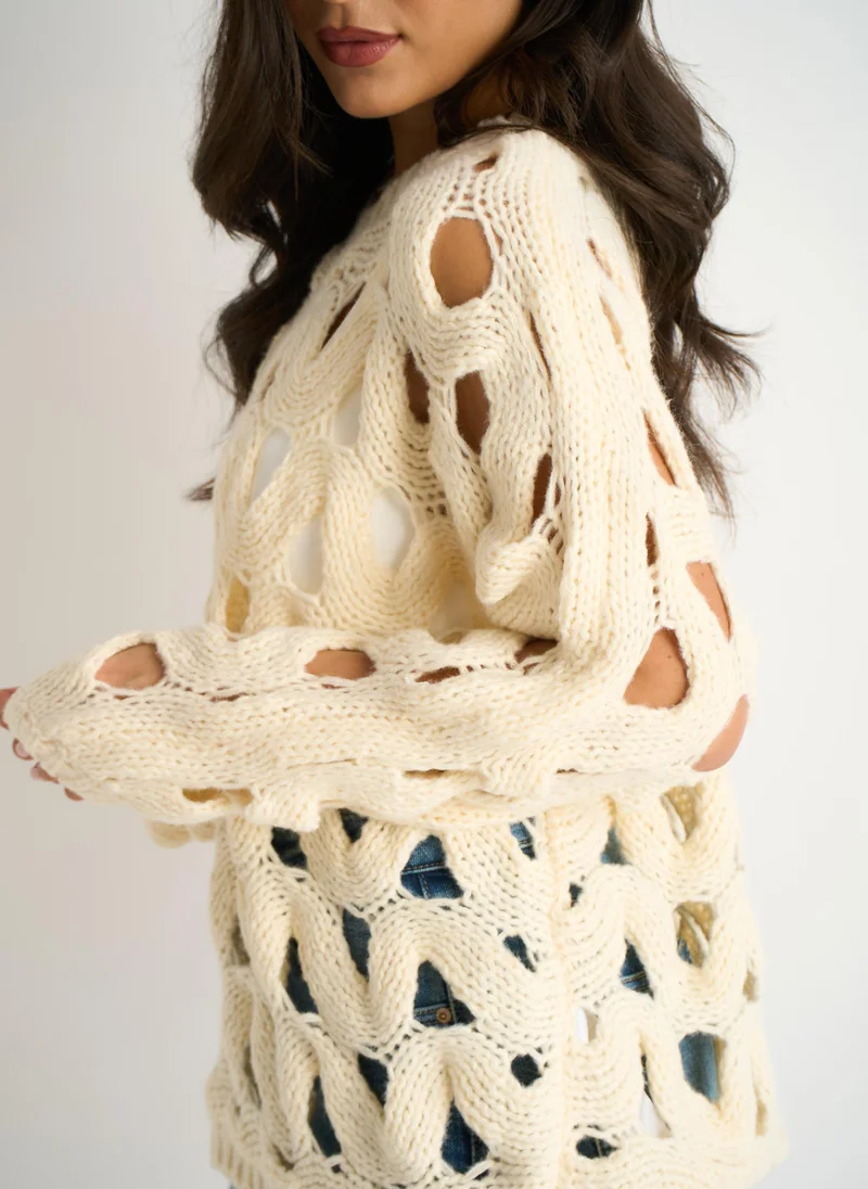 Gini London  Butter Cream Hollow Chunky Knit Jumper for Women | Best Price UAE