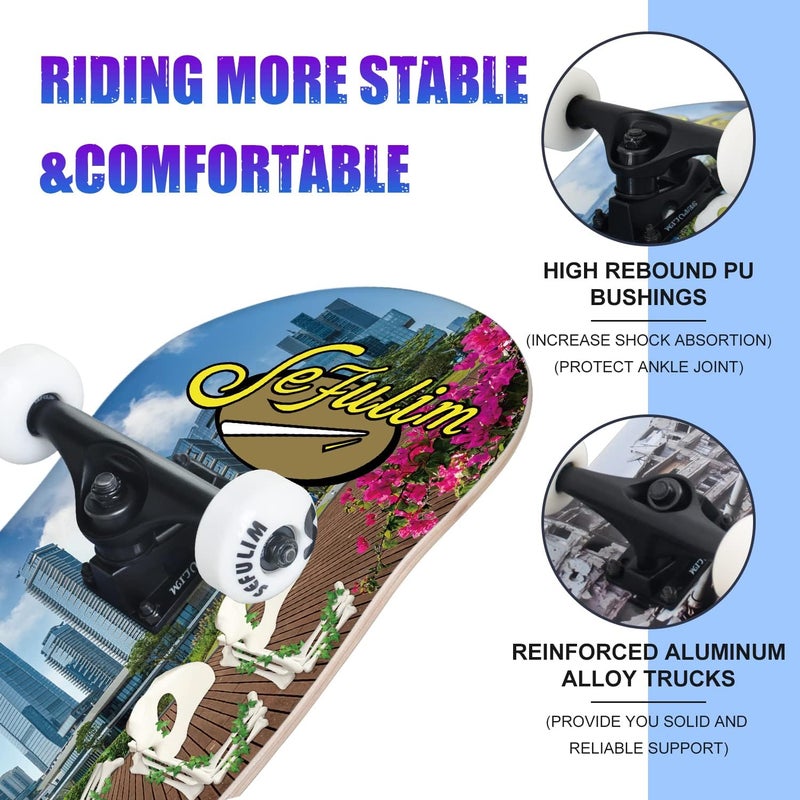 Sefulim 31 x 8 Inch Complete Skateboard 7 Layer Canadian Maple Double Kick Deck Concave Cruiser Trick Skateboard for Boys Girls Teens Adults Beginner - Image 2