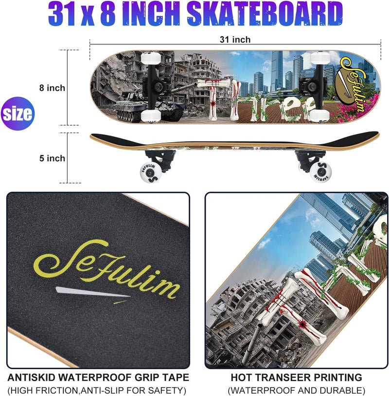 Sefulim 31 x 8 Inch Complete Skateboard 7 Layer Canadian Maple Double Kick Deck Concave Cruiser Trick Skateboard for Boys Girls Teens Adults Beginner - Image 3