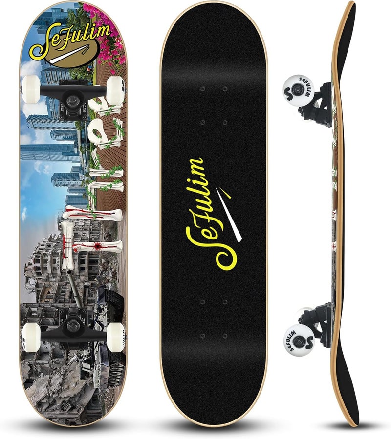 Sefulim 31 x 8 Inch Complete Skateboard 7 Layer Canadian Maple Double Kick Deck Concave Cruiser Trick Skateboard for Boys Girls Teens Adults Beginner - Image 1