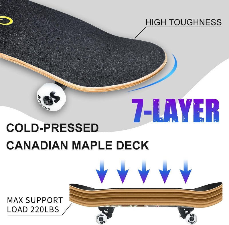 Sefulim 31 x 8 Inch Complete Skateboard 7 Layer Canadian Maple Double Kick Deck Concave Cruiser Trick Skateboard for Boys Girls Teens Adults Beginner - Image 4