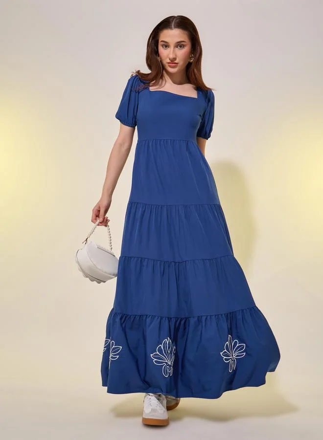 Take Two Embroidered Detail Puff Sleeves Tiered Maxi Dress