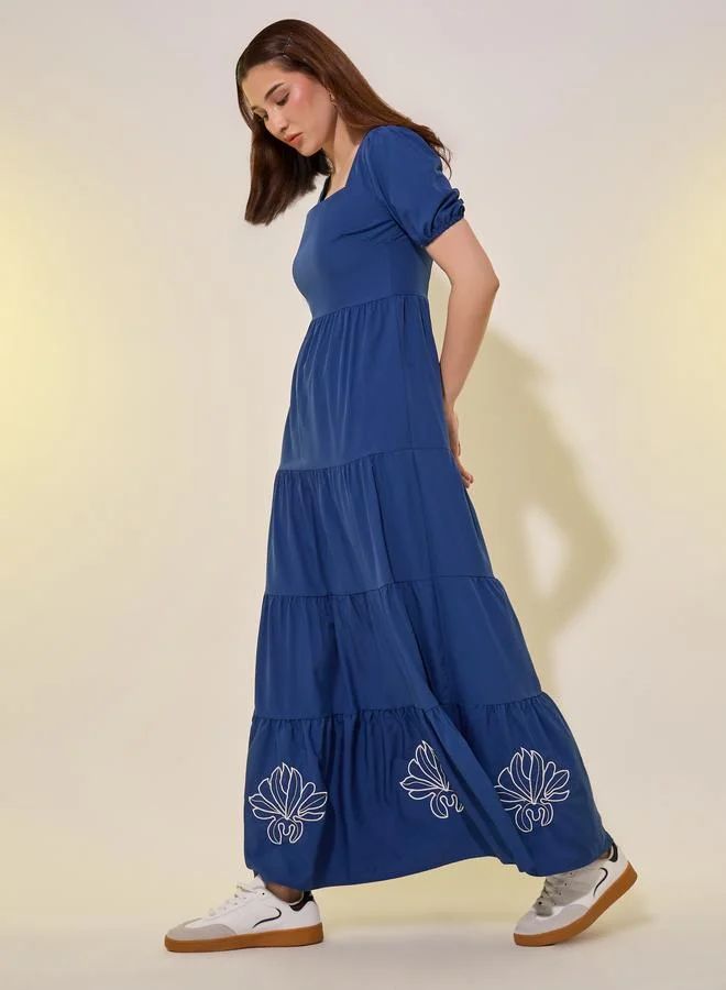Take Two Embroidered Detail Puff Sleeves Tiered Maxi Dress