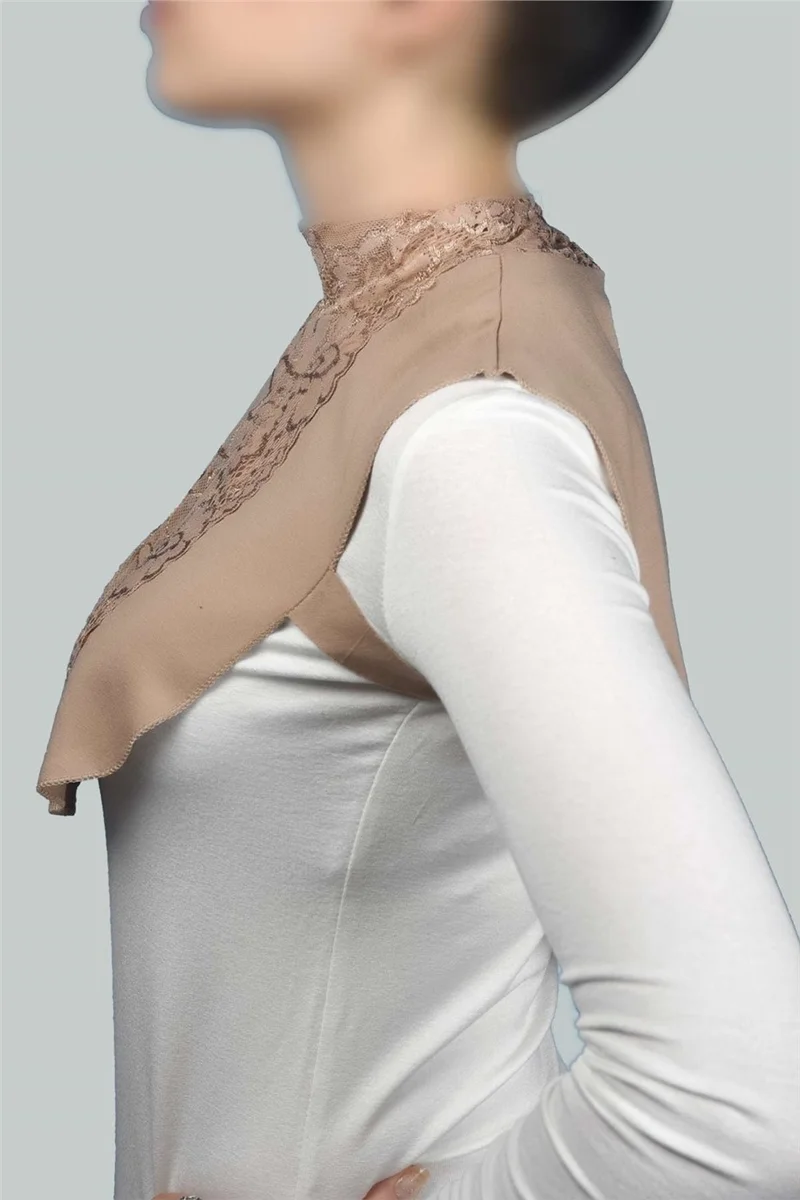 Altobeh Women's Combed Cotton Hijab Circle Collar Lace Neck Collar - Dark Beige