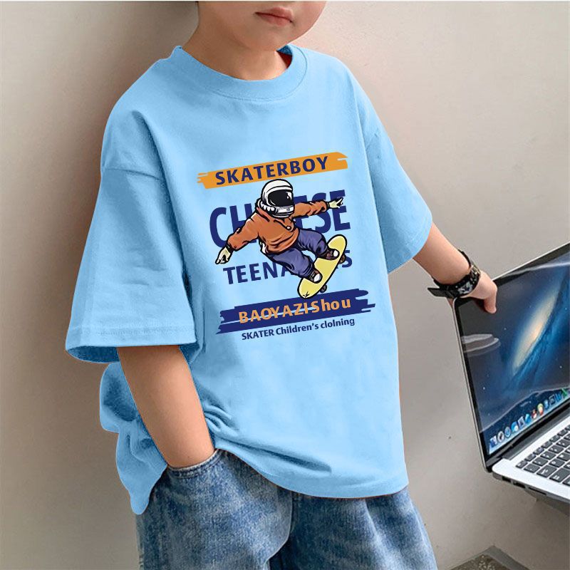 Korean Style Trendy T-Shirt 2025 Summer Boys New Cotton Baby Handsome Fashionable Solid Color Round Neck Short Sleeve Top - Image 3