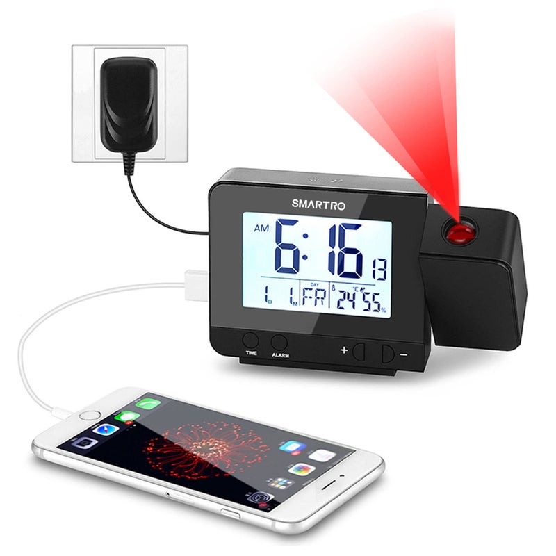 SMARTRO Digital Projection Alarm Clock for Bedrooms with Indoor Thermometer Hygrometer USB Charger Bedside Projector Travel AC and Battery Operated