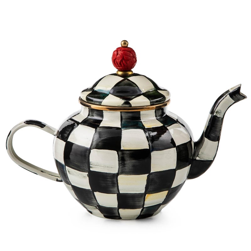 mackenzie childs MACKENZIECHILDS Enamel Teapot Cute Small Teapot with Lid 4Cup Capacity BlackandWhite Courtly Check 