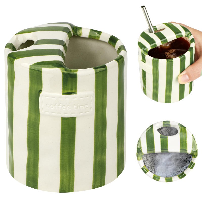 SUTENG Novelty Ceramic Coffee Mug Designed to Look Like a Gift Box, 10oz Retro Hand-Painted Ceramic Travel Mug, Green & White Striped Design, Microwave & Dishwasher Safe, Perfect Present for Coffee Lovers - Image 1