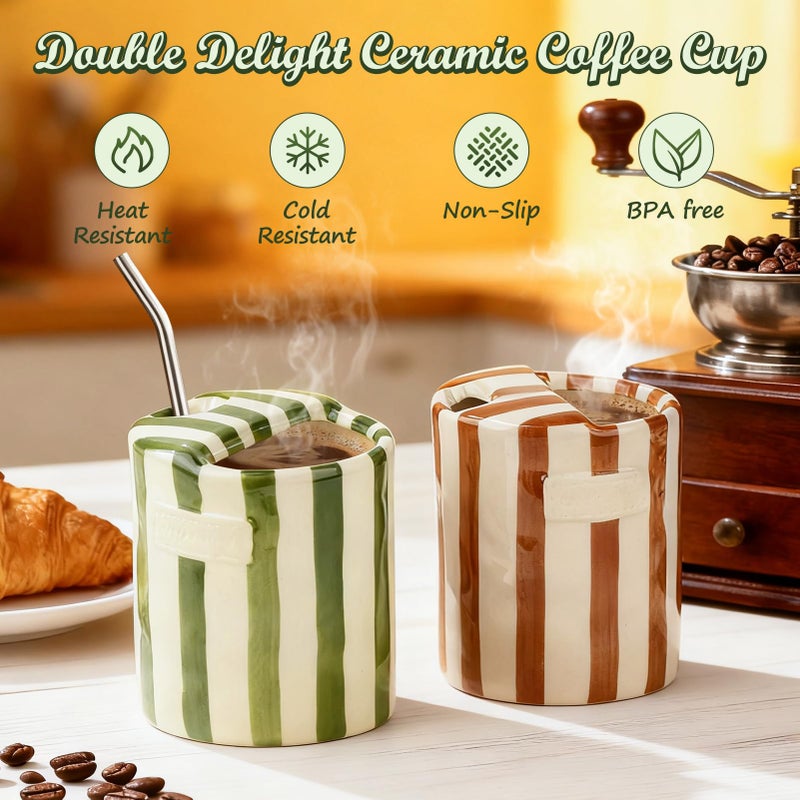 SUTENG Novelty Ceramic Coffee Mug Designed to Look Like a Gift Box, 10oz Retro Hand-Painted Ceramic Travel Mug, Green & White Striped Design, Microwave & Dishwasher Safe, Perfect Present for Coffee Lovers - Image 4