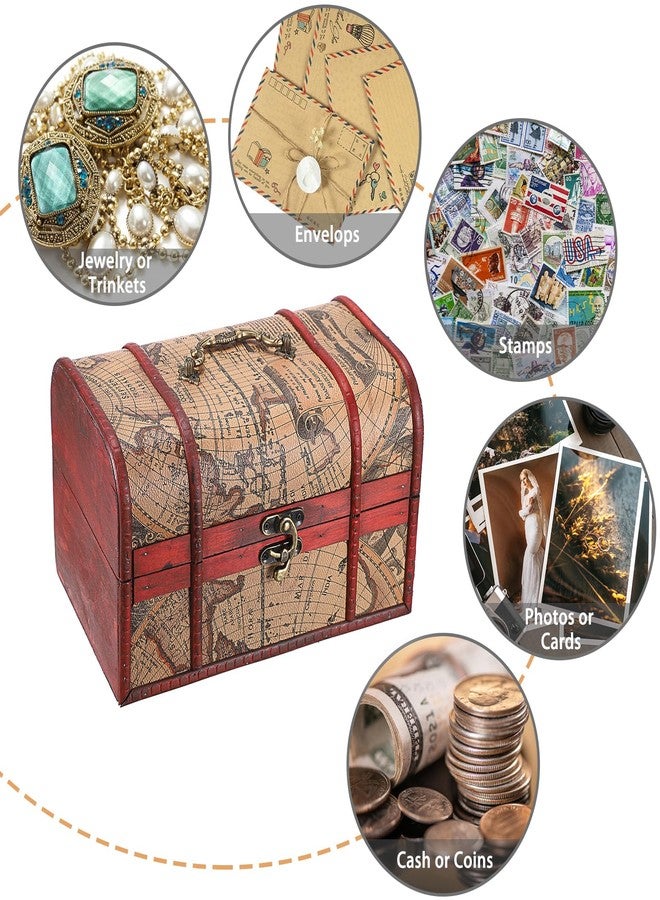 ELLDOO Vintage Treasure Chest Box, Pirate Keepsakes Box for Kids Gifts, Wooden Treasure Storage Box Map Pattern Decorative Box for Jewelry Pearl Trinkets, Large - Image 3