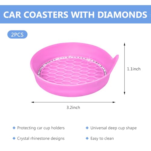 NYTKL 2 PCS Bling Car Cup Coaster, Crystal Rhinestone Cup Holder Insert for Car Interior Decoration, Non Slip Shockproof Silicon Sparkly Drink Met Universal for Most Vehicles (Pink) - Image 2