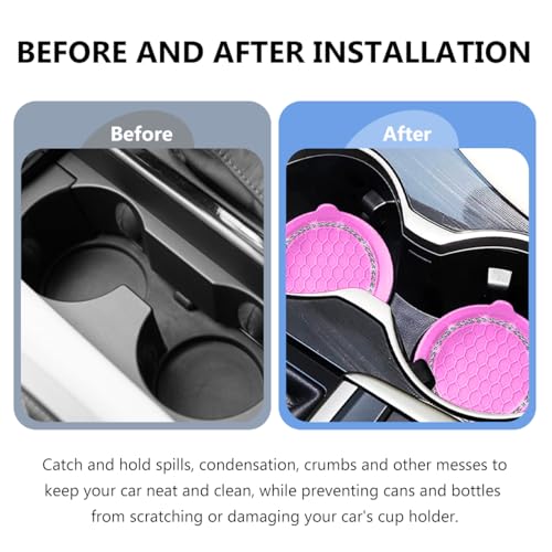 NYTKL 2 PCS Bling Car Cup Coaster, Crystal Rhinestone Cup Holder Insert for Car Interior Decoration, Non Slip Shockproof Silicon Sparkly Drink Met Universal for Most Vehicles (Pink) - Image 4