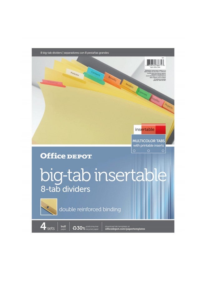 Insertable Dividers With Big Tabs, Buff, Assorted Colors, 8-Tab, Pack Of 4 Sets, 14778