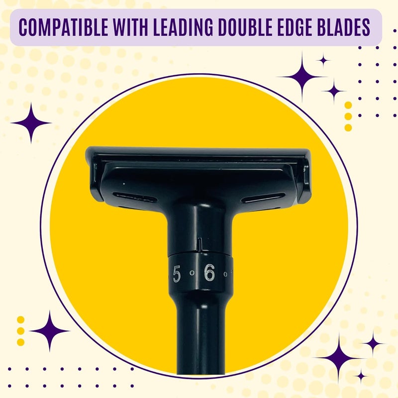GBS Double Edge Safety Razor  Premium Black Steel Shaving Razor with Weighted Handle Leather Travel Case  10 DE Blades  Smooth Close and Comfortable Shave for Men - Image 5