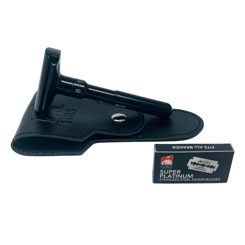 GBS Double Edge Safety Razor  Premium Black Steel Shaving Razor with Weighted Handle Leather Travel Case  10 DE Blades  Smooth Close and Comfortable Shave for Men - Image 1