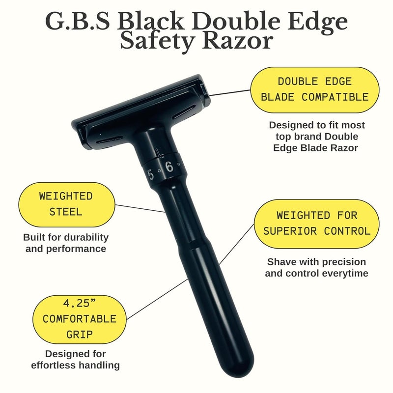 GBS Double Edge Safety Razor  Premium Black Steel Shaving Razor with Weighted Handle Leather Travel Case  10 DE Blades  Smooth Close and Comfortable Shave for Men - Image 3