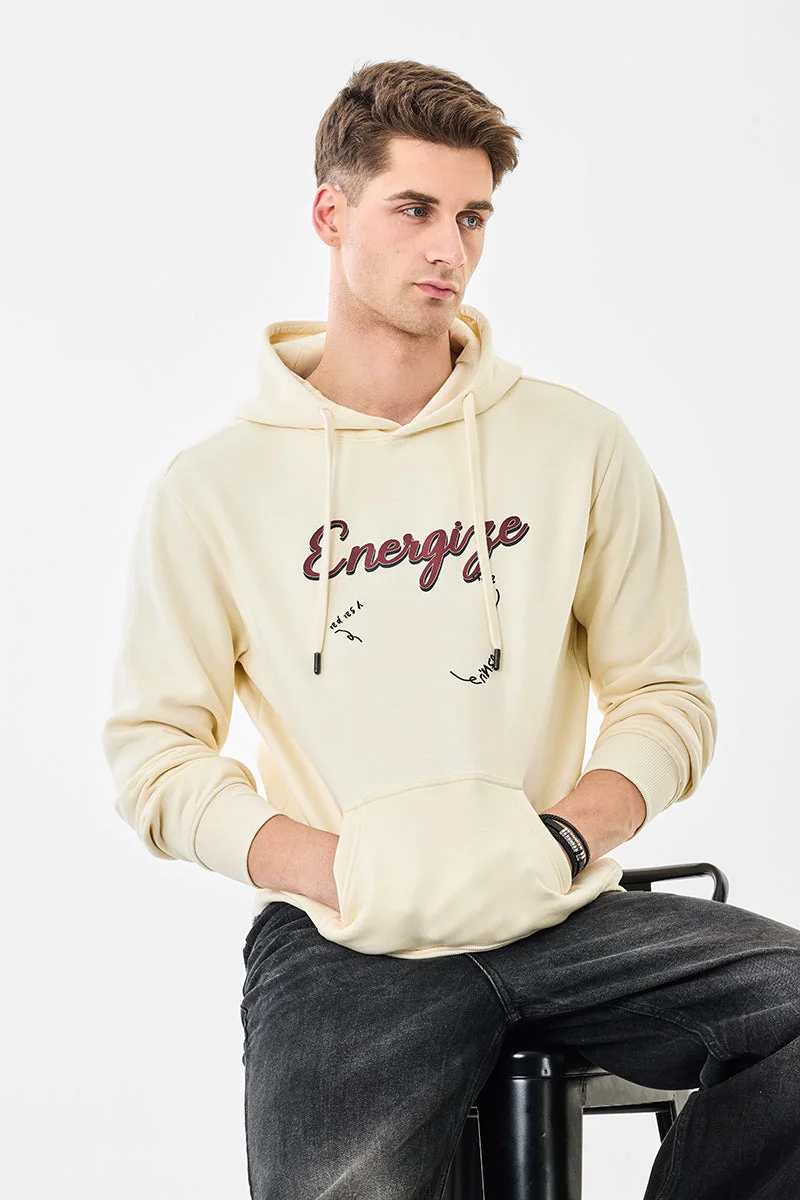 سنيتش Cream Printed Long Sleeve Oversized Hoodie