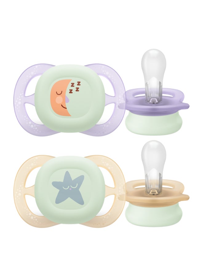 Philips Avent Ultra Start Nighttime Soothers, Orthodontic Dummies Designed for Newborns, Glow in The Dark, Silicone Symmetrical Teat, BPA Free, with Sterilising/Carrying Case, 2 Pack, Model SCF075/08