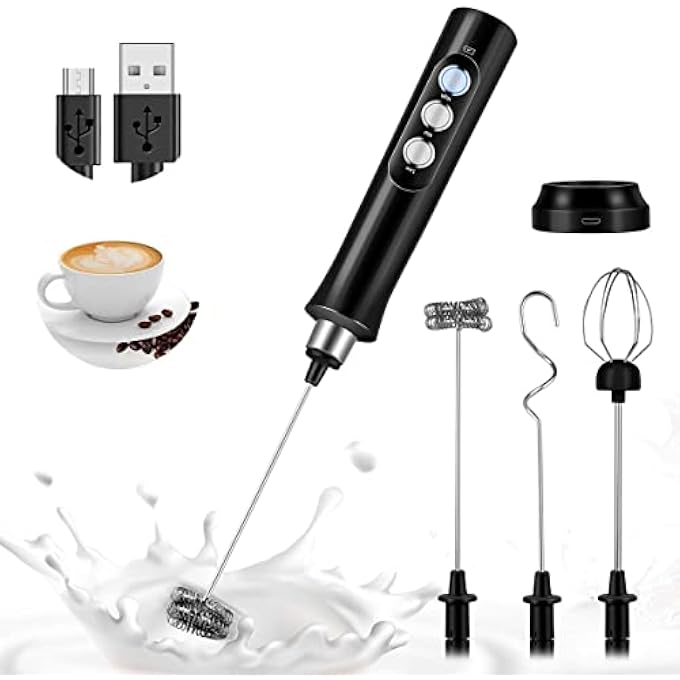 Bauihr Milk Frother Mini Milk Mixer Usb Rechargeable Foam Whisk For Coffee 3 Adjustable Speeds With 3 Stainless Steel Whisks For Latte Cappuccino Coffee Hot Chocolate M - Image 1