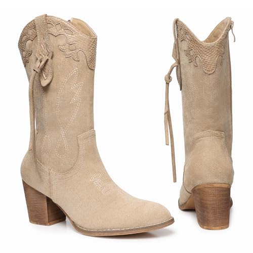 SHIBEVER Cowboy Cowgirl Boots for Women 2024: Apricot Western Mid Calf Booties Country High Heel Suede Zipper Boots Size 8 - Image 5