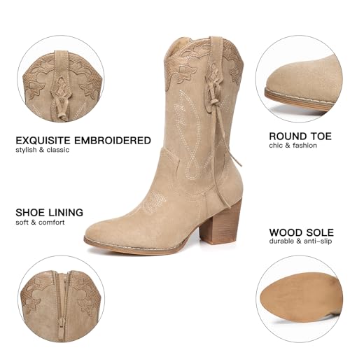 SHIBEVER Cowboy Cowgirl Boots for Women 2024: Apricot Western Mid Calf Booties Country High Heel Suede Zipper Boots Size 8 - Image 4