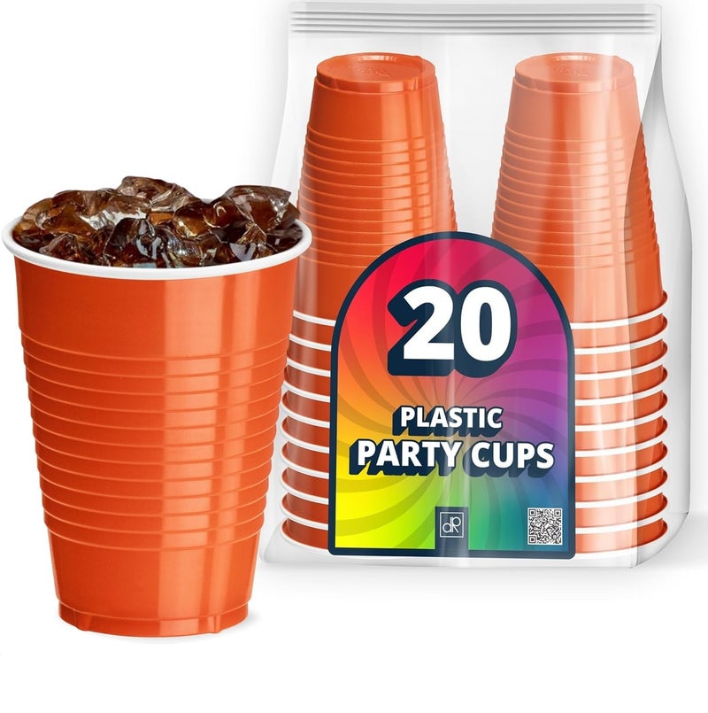 DecorRack 20 Party Cups 12 oz Disposable Plastic Cups for Birthday Party Bachelorette Camping Indoor Outdoor Events Beverage Drinking Cups (Orange  20) - Image 1