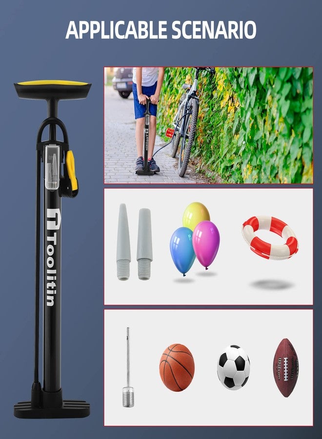 TOOLITIN Bike Pump Portable Floor Bicycle Tires Air Pumps with Presta and Schrader,Multifunctional Ball Needle, for Mountain and Road Bikes Tires, Ball Pump - Image 5